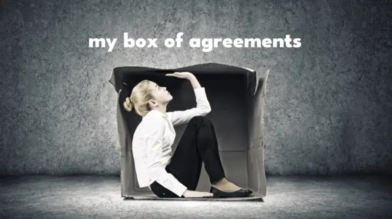 A woman crouched inside a cardboard box under the words 'my box of agreements'
