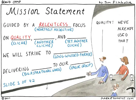 Tom Fishburne cartoon: a fill-in-the-blanks mission statement template built from clichés, vague phrases and big aspirational words