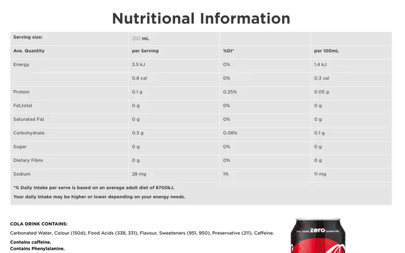 Coke Zero nutrition panel: 28mg sodium per serve, sweeteners 951 and 950, caffeine and phenylalanine