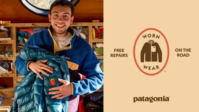 Patagonia Worn Wear repair program, showing a repaired Patagonia jacket and promoting free repairs to extend the life of clothing.