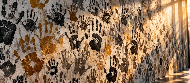 Hundreds of overlapping handprints in black, charcoal and gold cover a textured wall, symbolising how every employee leaves their mark on an organisation’s brand and reputation.