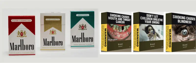 Branded Marlboro packs beside Australian plain packs with graphic health warnings such as 'Smoking causes blindness'