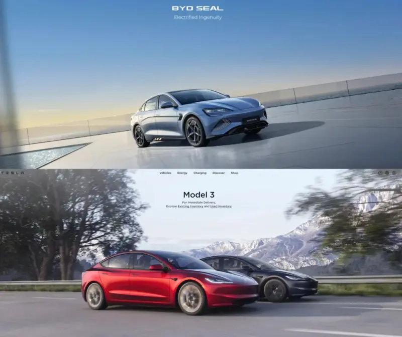BYD Seal website hero shown above the Tesla Model 3 website hero