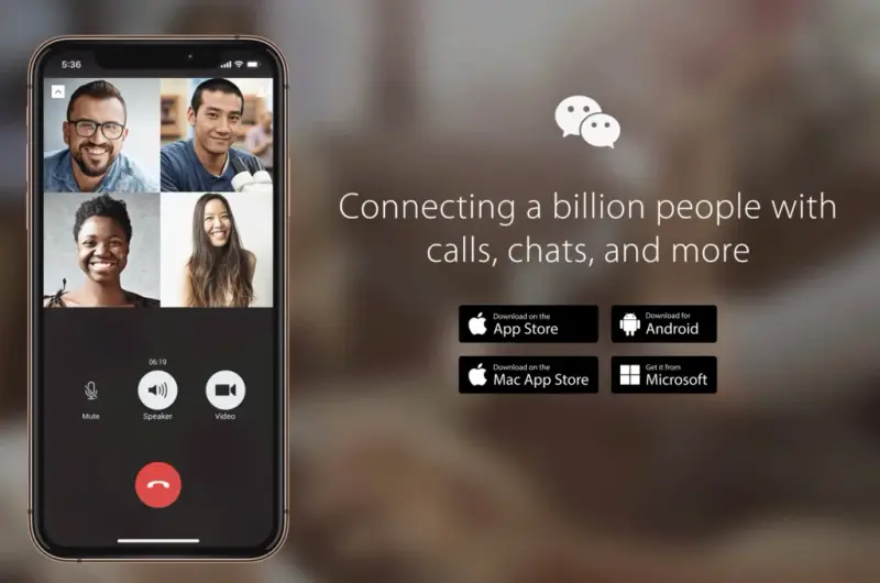 WeChat homepage: group video call on a phone, 'Connecting a billion people with calls, chats, and more'