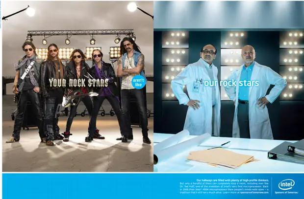 Intel ad contrasting leather-clad rock band, 'Your rock stars aren't like', with two lab-coated engineers, 'our rock stars'