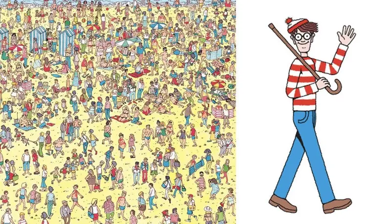 A crowded Where's Wally beach scene beside Wally in his red-and-white striped jumper and beanie