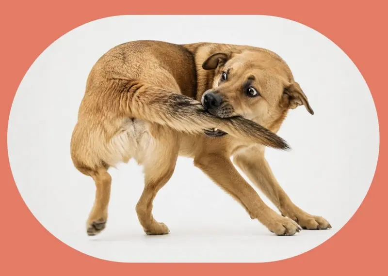 A dog twisting round to bite its own tail