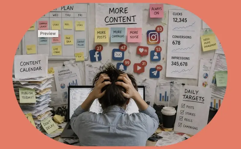 Overwhelmed marketer clutching their head at a desk buried in sticky notes reading More Content, More Posts, More Noise