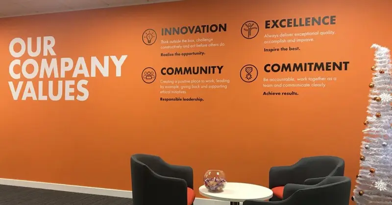 Office wall headed 'Our Company Values': Innovation, Excellence, Community and Commitment