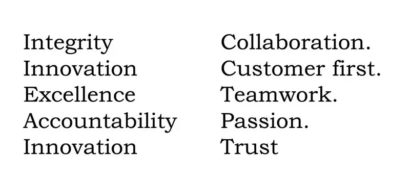 Ten generic values: Integrity, Innovation, Excellence, Accountability, Collaboration, Customer first, Teamwork, Passion, Trust
