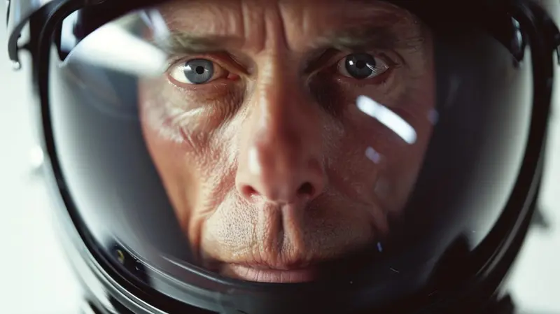 Close-up of a wary, tense man's face behind a helmet visor