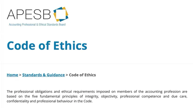 APESB Code of Ethics outlining the five fundamental principles for Australia’s accounting profession: integrity, objectivity, competence, confidentiality and professional behaviour.
