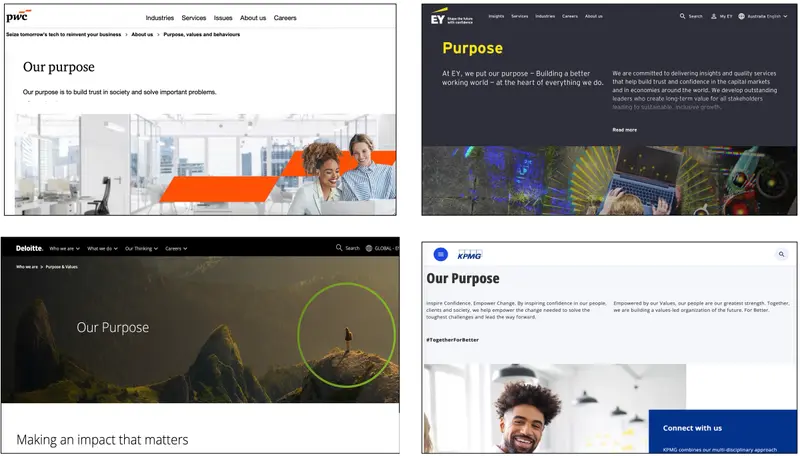 Purpose statements from PwC, EY, Deloitte and KPMG showing how the Big Four publicly define their values and role in society.
