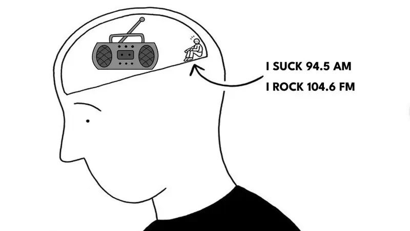 Cartoon head with a radio and a huddled figure inside, tuned to I SUCK 94.5 AM or I ROCK 104.6 FM