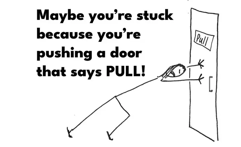 Stick figure straining against a door marked Pull, captioned: Maybe you're stuck because you're pushing a door that says PULL!