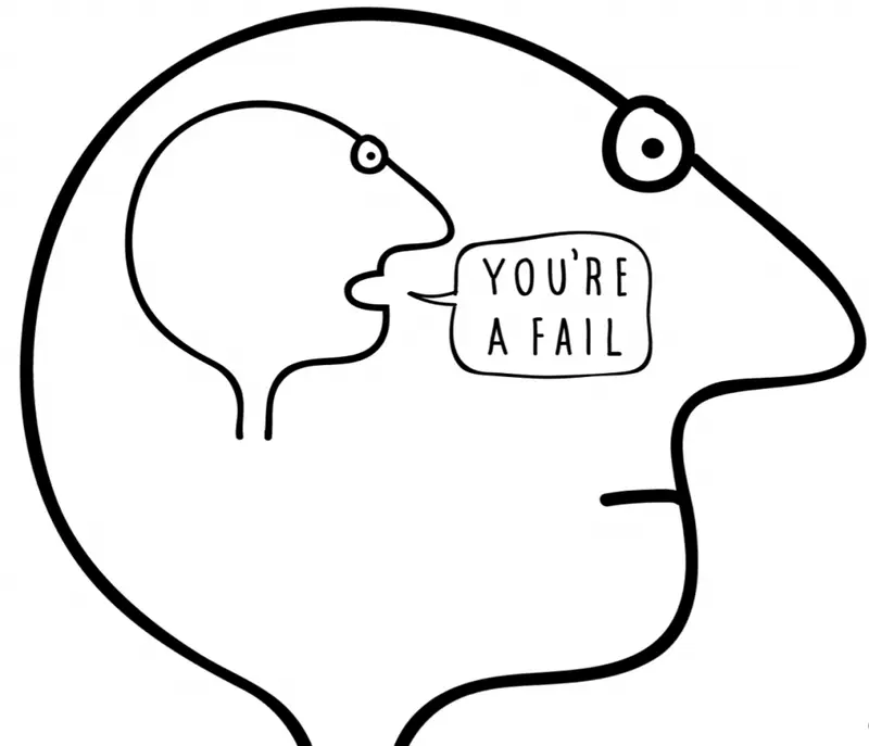 Line drawing of a head with a smaller figure inside it saying "You're a fail"
