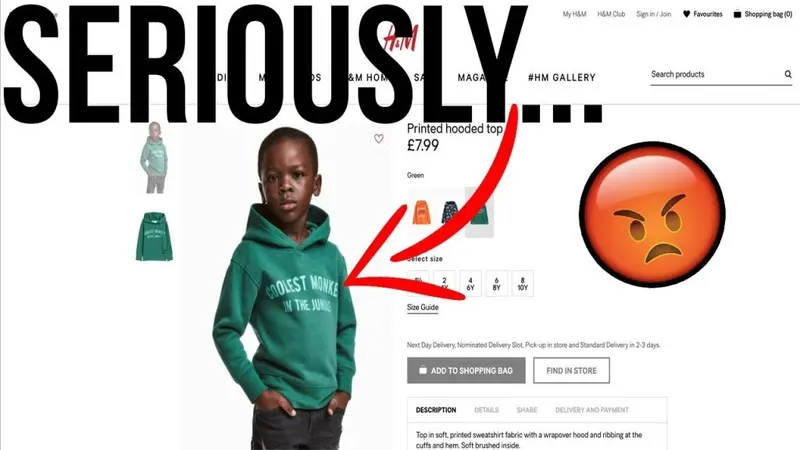 H&M product page showing a young black boy modelling the green 'Coolest monkey in the jungle' hoodie