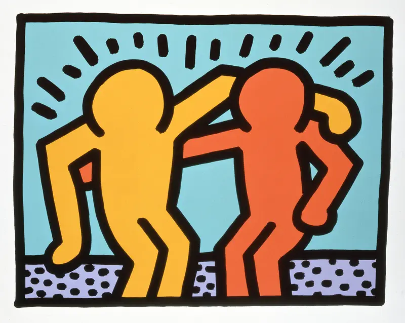 Keith Haring artwork: two cartoon figures with arms around each other’s shoulders