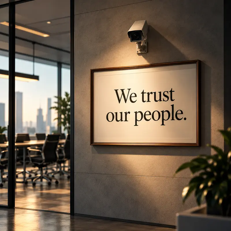 A security camera mounted above an office sign reading “We trust our people” highlights the identity deficit between an organisation’s stated values and its actual behaviour.