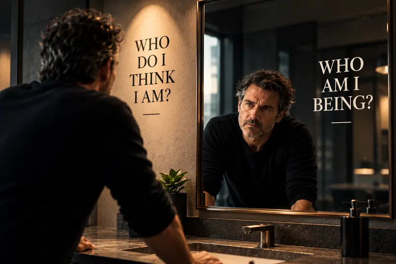 A man studies his reflection in a mirror, contrasting the questions “Who do I think I am?” and “Who am I being?”, illustrating the gap between personal identity and actual behaviour.