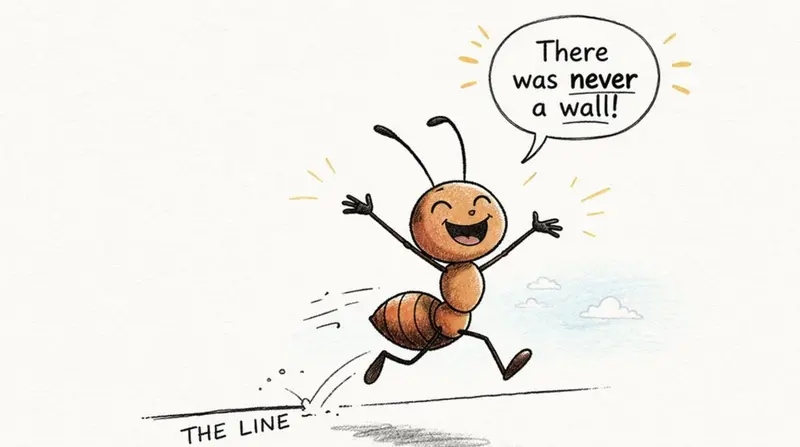 Cartoon ant leaping over a pencil line labelled The Line, saying: There was never a wall!