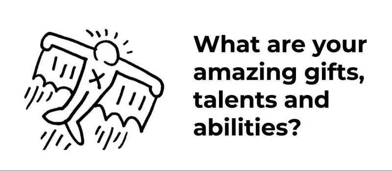Sketch of a winged figure taking flight beside the question 'What are your amazing gifts, talents and abilities?'
