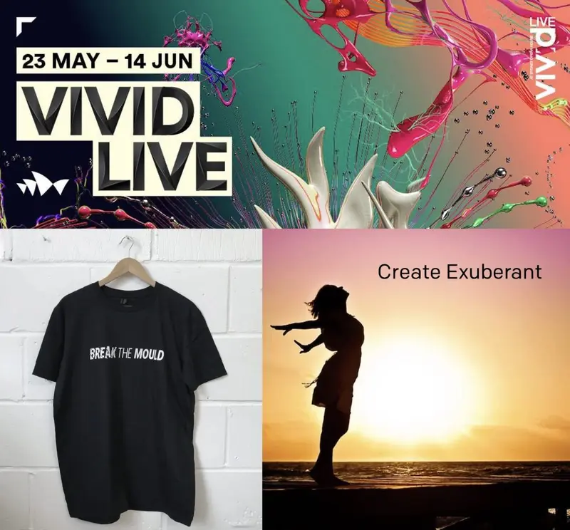 Similar existing lines: a Vivid Live poster, a 'Break the Mould' T-shirt and a 'Create Exuberant' sunset image