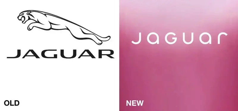 Old Jaguar logo with the leaping jaguar beside the new text-only Jaguar wordmark on pink