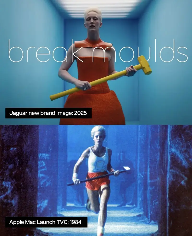 Jaguar 2025 'break moulds' image of a woman with a sledgehammer above a still from Apple's 1984 Mac launch ad