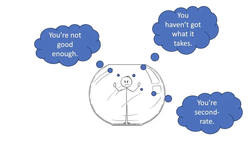 Stick figure trapped in a goldfish bowl, surrounded by inner-critic thoughts: 'You're not good enough', 'You're second-rate'