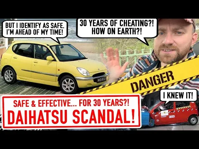 YouTube thumbnail: Daihatsu scandal, safe and effective for 30 years?! with a yellow Daihatsu and a crash test car