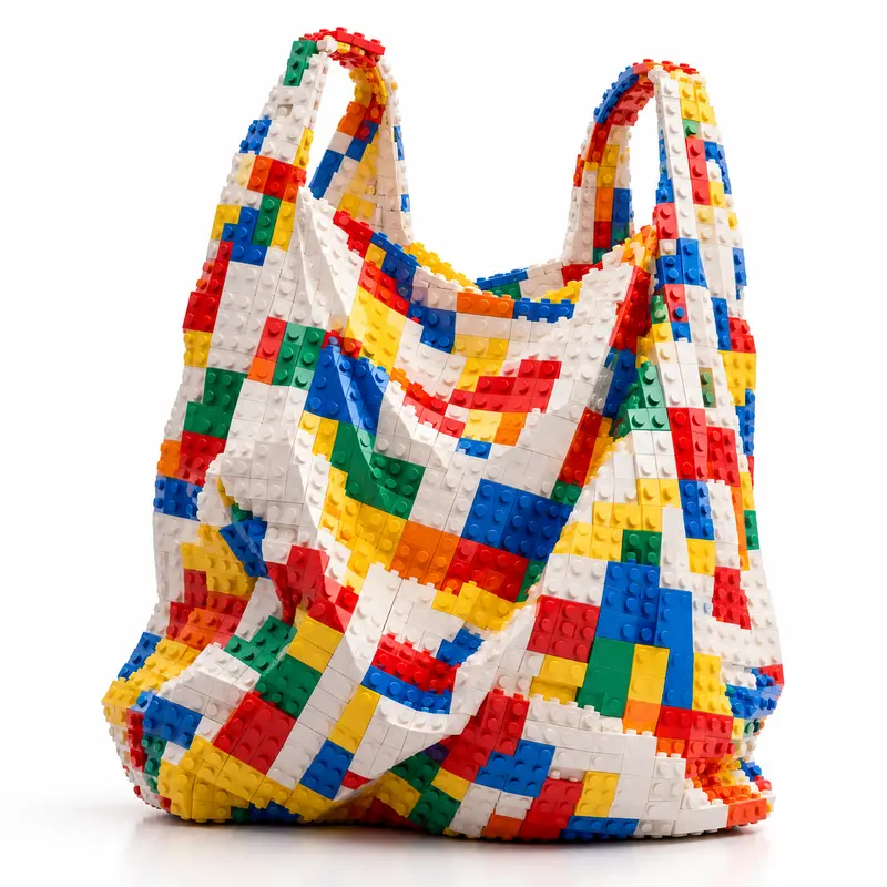 A colourful plastic shopping bag made entirely from LEGO bricks, illustrating the contradiction between our rejection of plastic waste and our love of LEGO, and the power of branding to shape consumer perceptions.