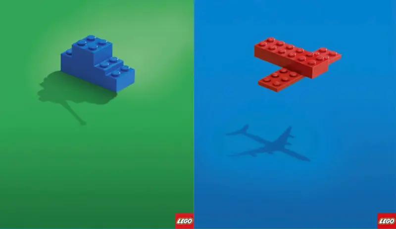 Three colourful LEGO brick creations cast shadows resembling a dinosaur, an aeroplane and a ship, illustrating how LEGO transforms simple plastic bricks into imagination and creativity through the power of branding.