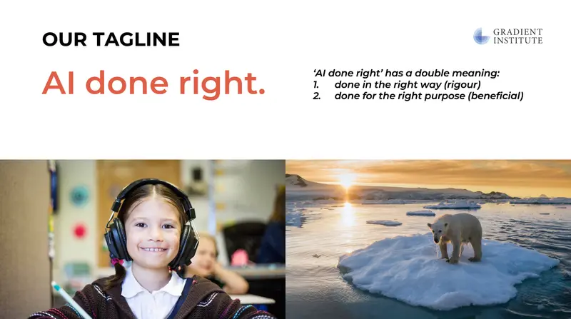 Gradient Institute presentation introducing the “AI done right” tagline, meaning AI done rigorously and for the right purpose, with images representing positive outcomes for people and the planet.
