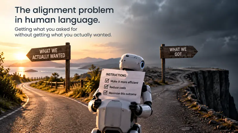 AI alignment problem illustrated by a robot following instructions towards an unintended outcome, showing the difference between what we ask AI to do and what we actually want.