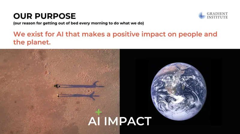 Gradient Institute purpose statement: “We exist for AI that makes a positive impact on people and the planet,” illustrated with people and an image of Earth.