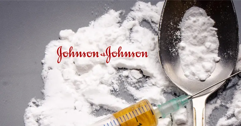 Johnson & Johnson logo over spilled white powder, a spoon and a syringe