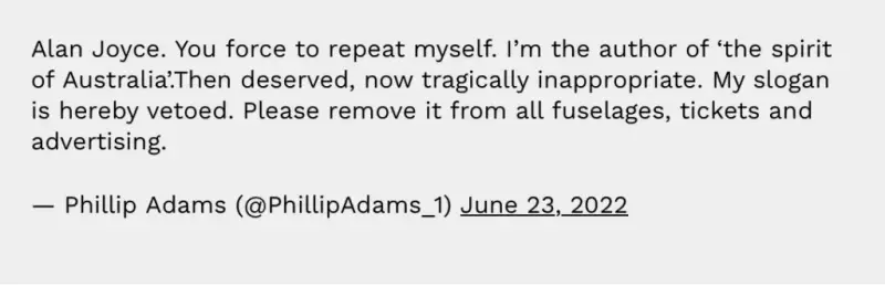 Phillip Adams tweet: as author of 'the spirit of Australia', he vetoes his slogan and asks Qantas to remove it