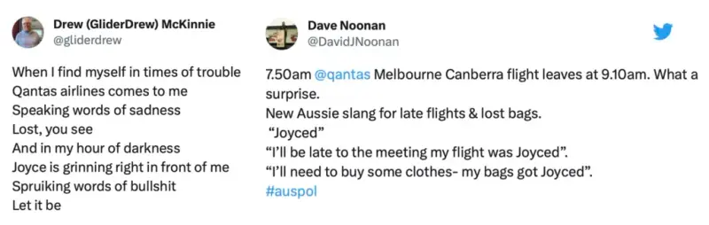 Two tweets mocking Qantas: a Let It Be parody about Joyce, and 'Joyced' as new slang for late flights and lost bags