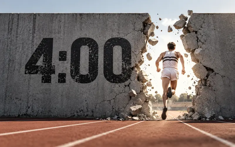 Runner breaking through a wall marked 4:00, representing the psychological barrier of the four-minute mile.