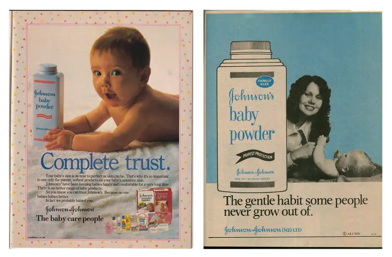 Vintage Johnson’s Baby Powder advertisements featuring babies and mothers, with messaging centred on trust, gentleness, purity and baby care.