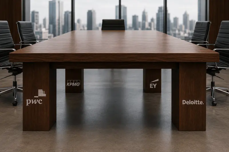 Boardroom table supported by the logos of PwC, KPMG, EY and Deloitte, representing the Big Four’s structural power in business.