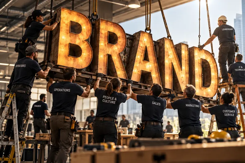 Employees from operations, sales, marketing, HR, leadership and customer service work together to build a giant illuminated BRAND sign, illustrating how people across an organisation bring a brand to life.