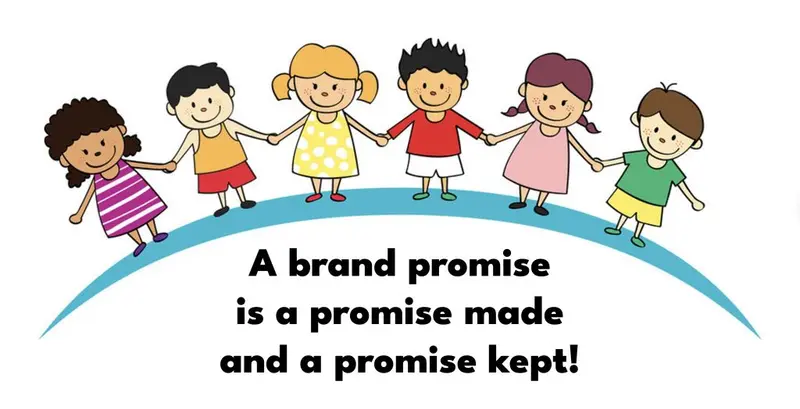 Cartoon children holding hands on a rainbow above the words: A brand promise is a promise made and a promise kept!