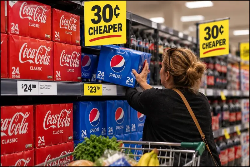 Shopper choosing a 24-pack of Pepsi priced at $23.70 over Coca-Cola at $24, illustrating how a 30-cent saving can influence supermarket buying decisions.