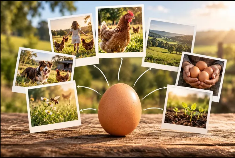 Brown egg surrounded by images of happy chickens, green pastures, nature, fresh produce and family life, illustrating the emotional associations and perceived value of free-range eggs.