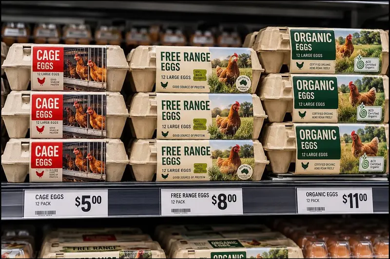 Supermarket shelf displaying cage eggs at $5, free-range eggs at $8 and organic eggs at $11 per dozen, illustrating how branding and perceived value influence consumer choices.