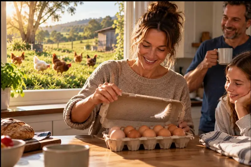 amily smiling as they open a carton of free-range eggs, with chickens roaming green pastures outside, illustrating the emotional appeal of happy chickens and ethical food choices.