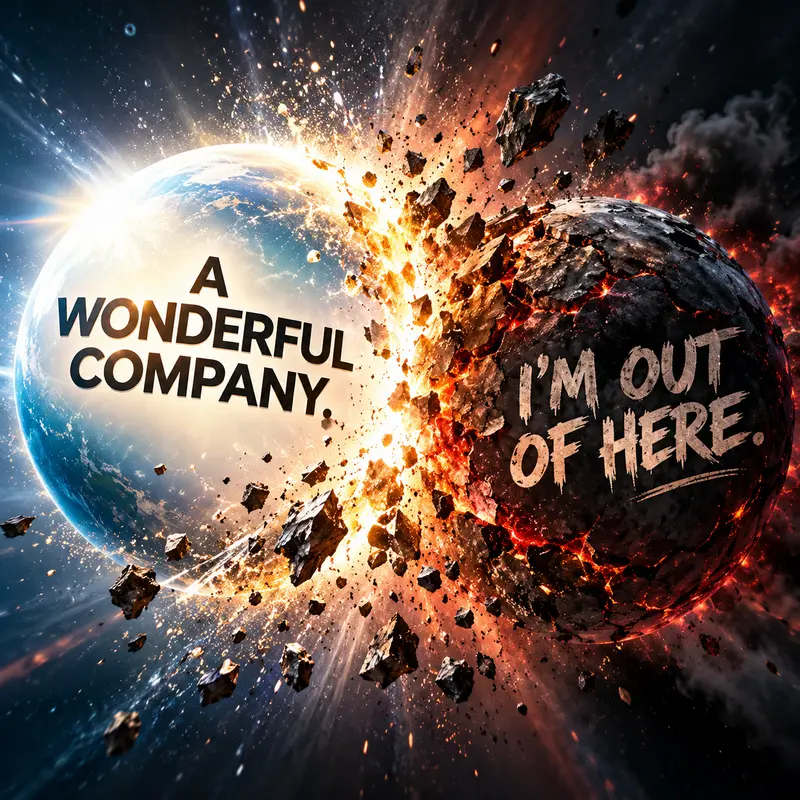 Two planets collide in a dramatic explosion, contrasting a brand promising “A Wonderful Company” with a workplace culture declaring “I’m Out of Here,” illustrating the brand-culture collision.